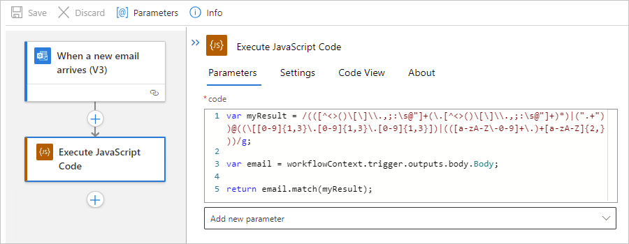 Return ステートメントを含む標準ロジック アプリワークフローと JavaScript コードの実行アクションを示すスクリーンショット。