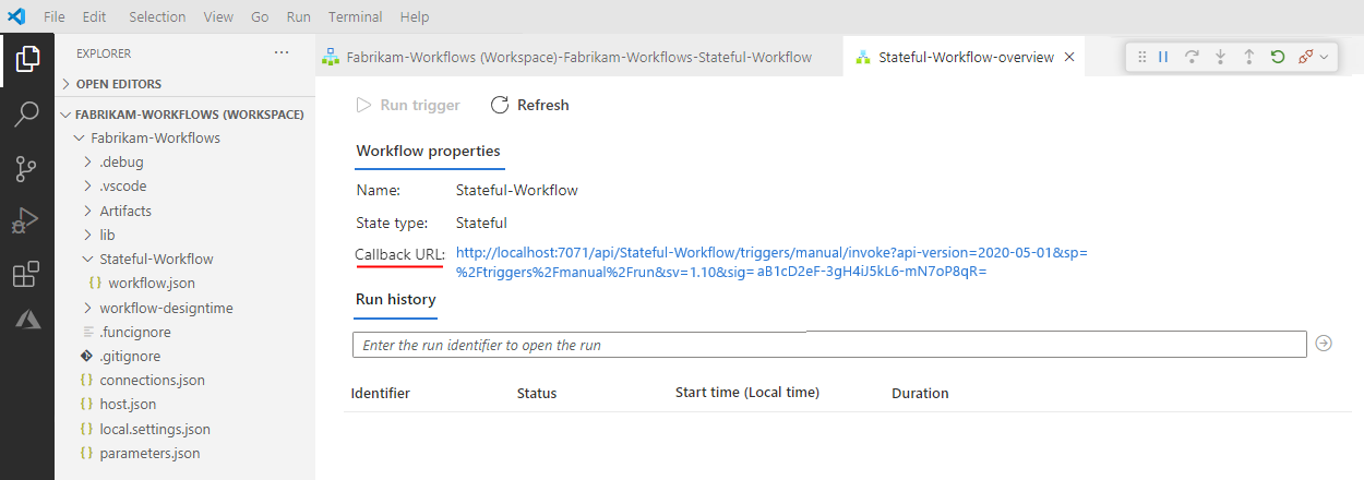 スクリーンショットは、コールバック URL を含むワークフローの概要ページを示しています。