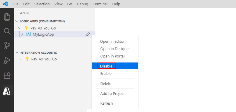 Visual Studio Code とロジック アプリ リソースを無効にする方法を示すスクリーンショット。