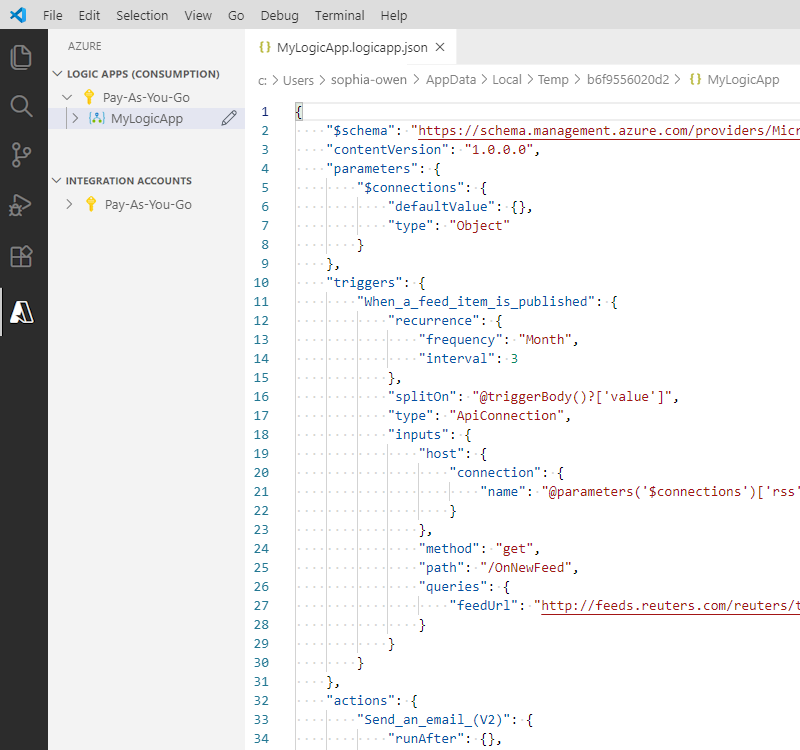 Visual Studio Code と開いているロジック アプリ ワークフロー定義ファイルを示すスクリーンショット。
