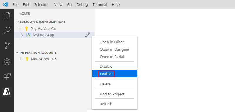 Visual Studio Code とロジック アプリ リソースを有効にする方法を示すスクリーンショット。