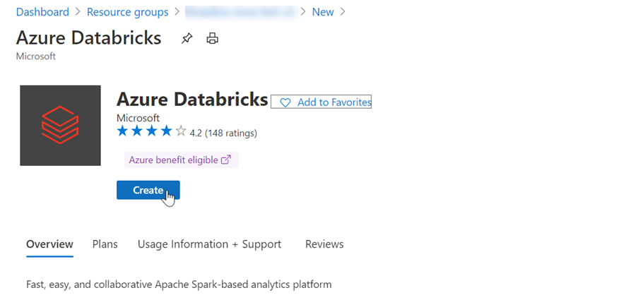 [作成] が選択された Azure Databricks オファリングを示すスクリーンショット。