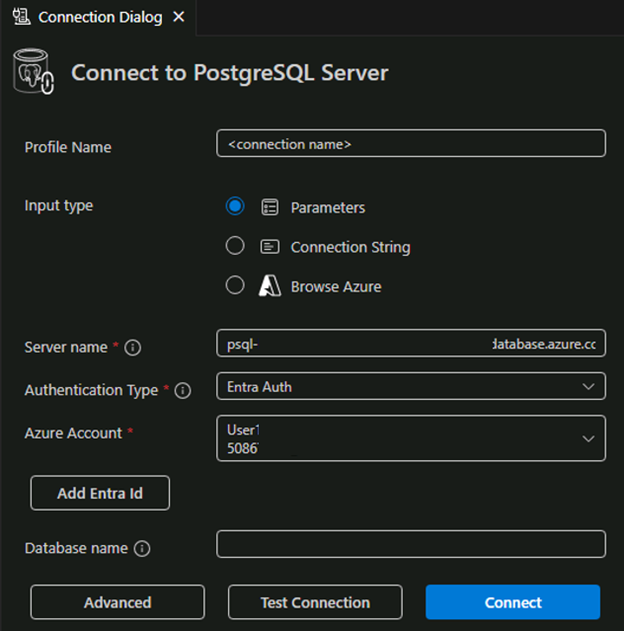 Visual Studio Code 接続ダイアログ用 PostgreSQL 拡張機能のスクリーンショット。