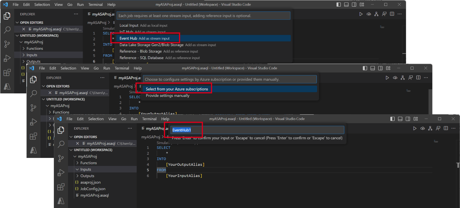イベント ハブ入力構成の一連の手順を示す VS Code 拡張機能のスクリーンショット。