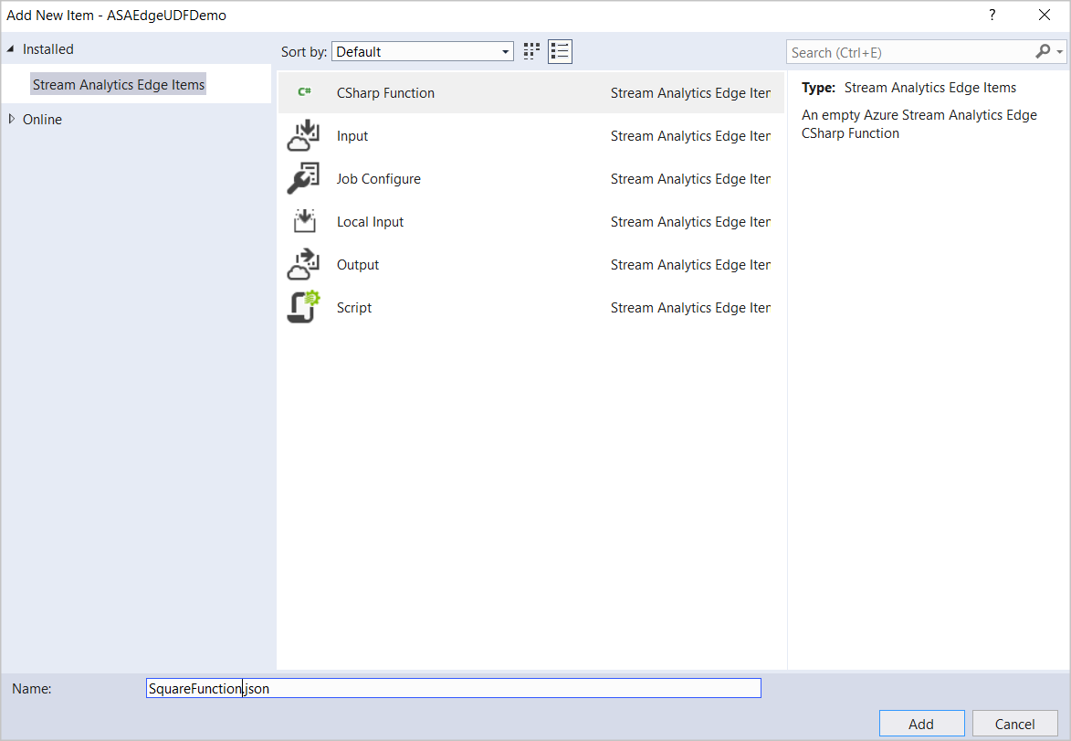Visual Studio で Stream Analytics Edge 項目から CSharp 関数を選択する