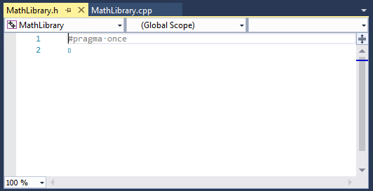 エディターの空の MathLibrary.h ファイルのスクリーンショット。