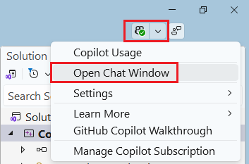 GitHub アイコンドロップダウンのスクリーンショット。[チャット ウィンドウを開く] が選択されています。
