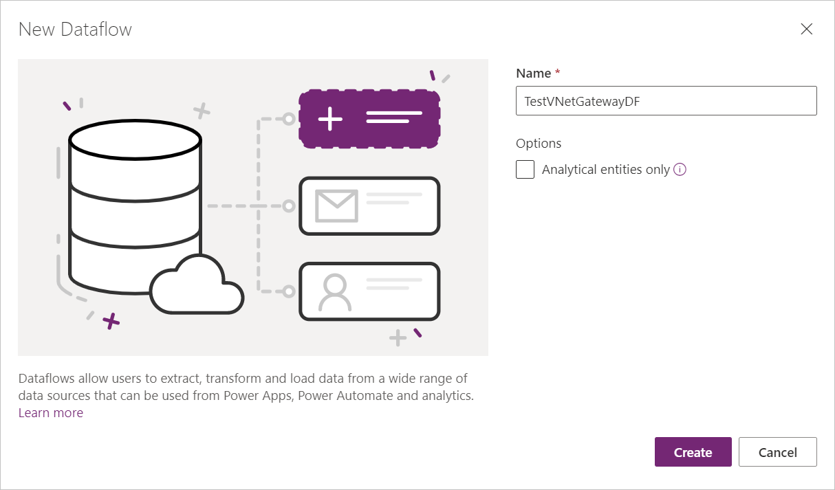 Power Apps の [新しいデータフロー] ダイアログを示すスクリーンショット。[名前] テキスト ボックスに新しいデータフローの名前が入力されています。