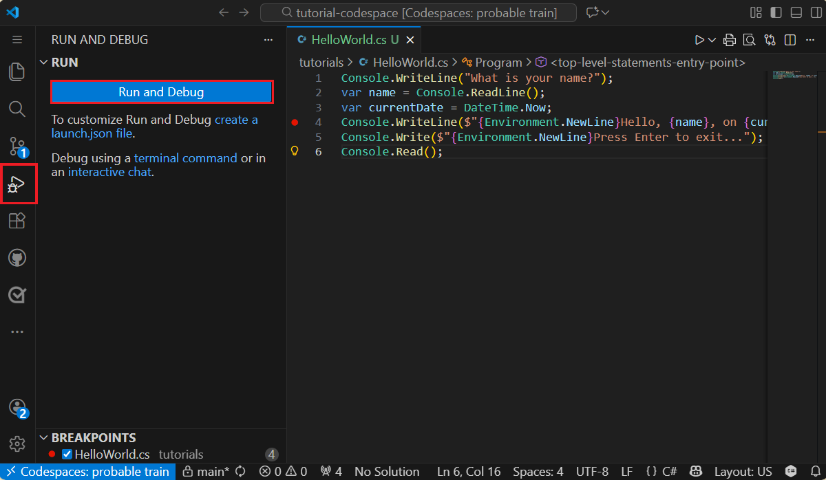 Visual Studio Code で [デバッグ] タブを開きます