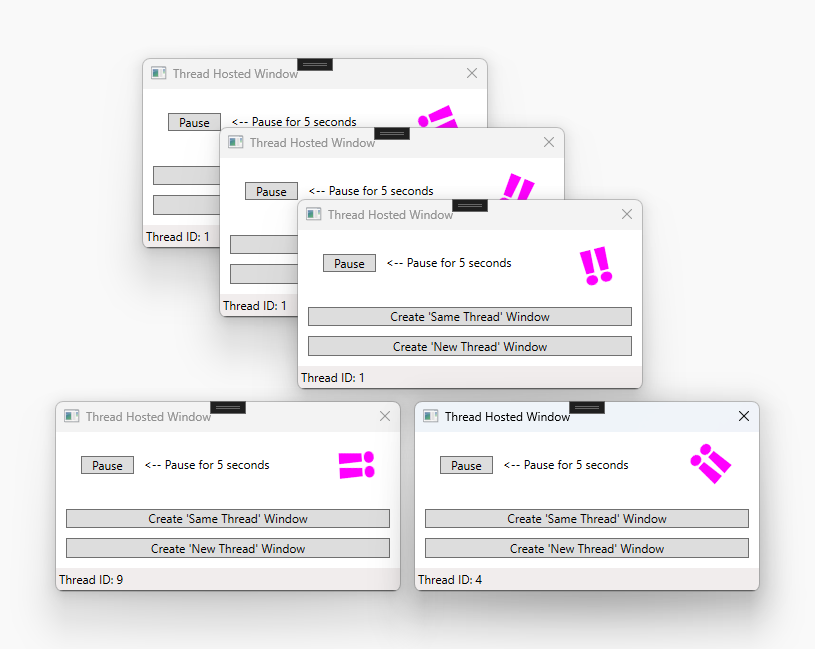 4 回複製された WPF ウィンドウのスクリーンショット。3 つのウィンドウは、同じスレッドを使用していることを示しますが、他の 2 つのウィンドウは異なるスレッド上にあります。