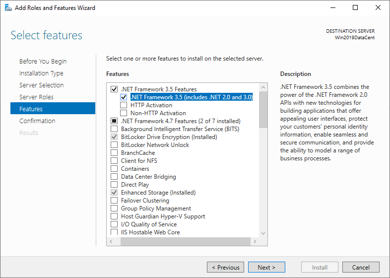 Windows Server の [役割と機能の追加ウィザード] ダイアログ ボックス。.NET Framework 3.5 が選択されています。