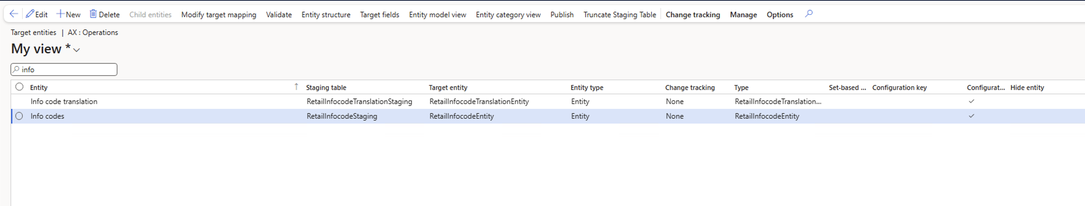 RetailInfocodeTranslationEntity エンティティと RetailInfocodeEntity エンティティを追加するスクリーンショット。