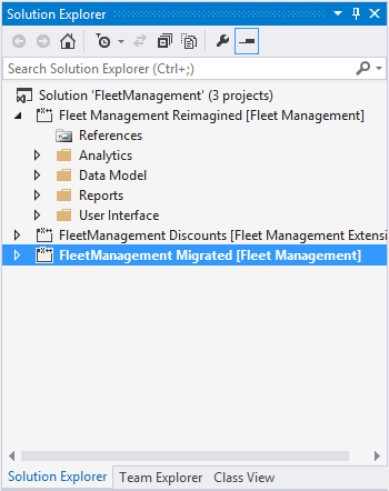 ソリューション エクスプローラーの Visual Studio ソリューションの 3 つのプロジェクトのスクリーンショット。