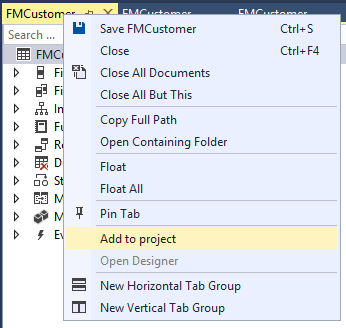 ドキュメント タブのコンテキスト メニューの [プロジェクトに追加] オプションのスクリーンショット。