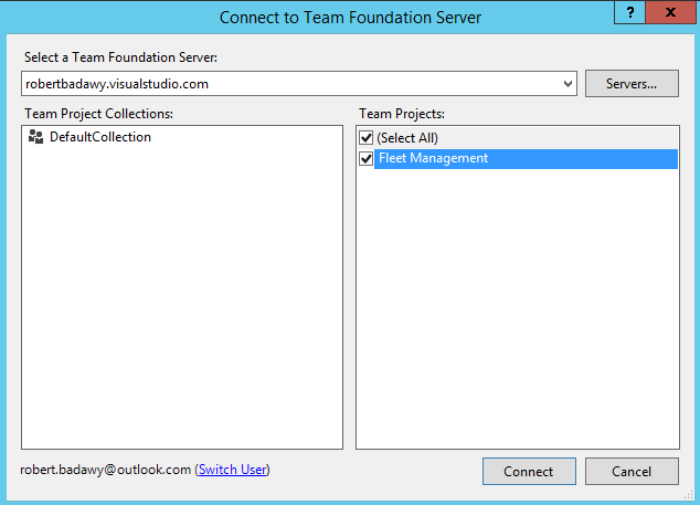 Visual Studio の [Team Foundation Server への接続] ダイアログのスクリーンショット。