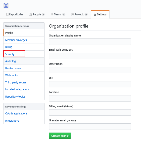 [セキュリティ] が選択されている GitHub の [組織の設定] メニューを示すスクリーンショット。