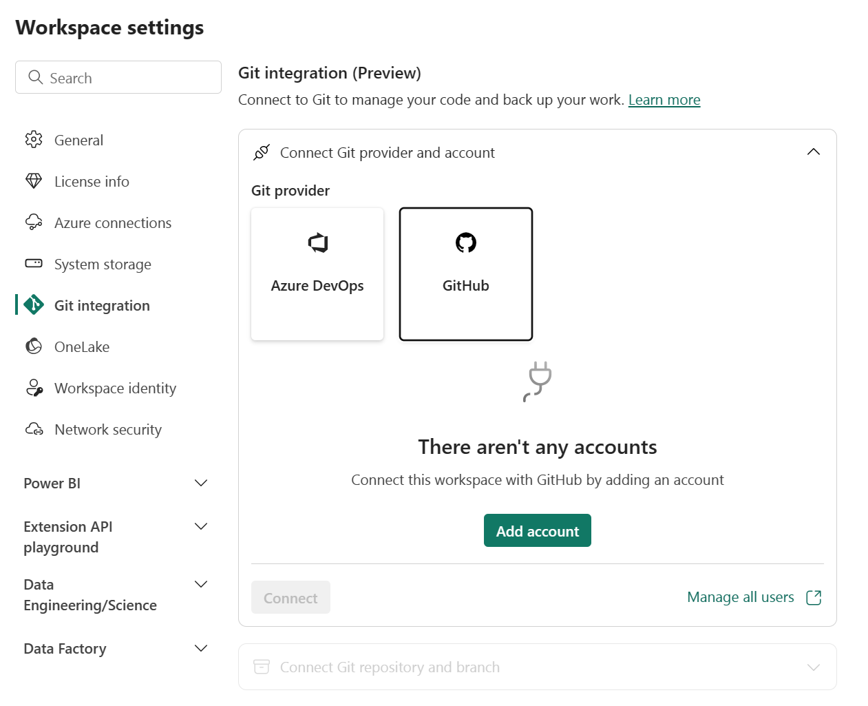 アカウントを選択する既存のものがないGitHub統合ウィンドウのスクリーンショット