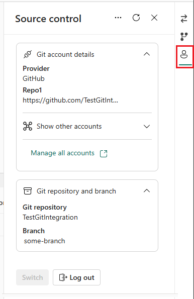  Git の詳細とリポジトリとブランチ名を示すソース control panelの [アカウント] タブのスクリーンショット。