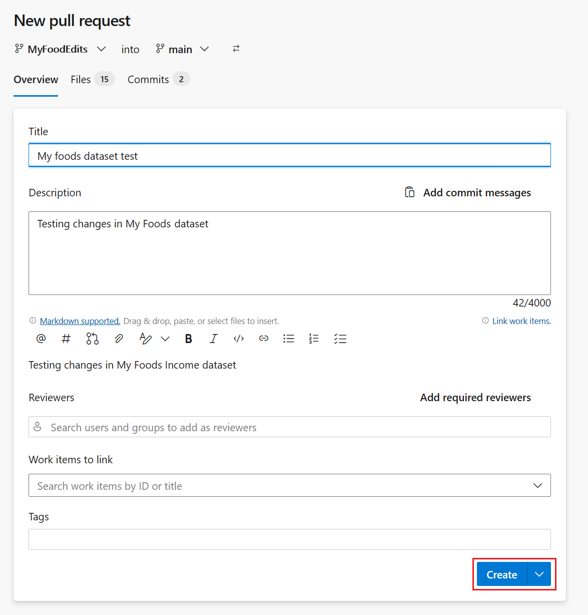 pull request に名前を付け、説明を追加するスクリーンショット。