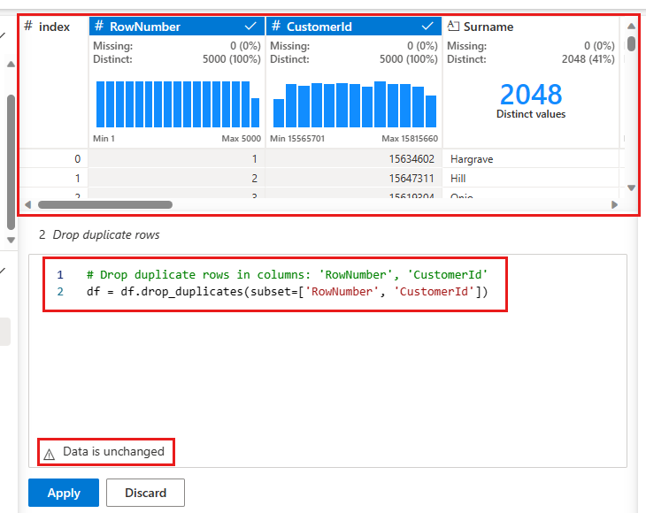 スクリーンショットは、Data Wrangler で重複する行を削除する方法を示しています。