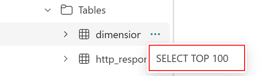 SQL データベースのノートブックエクスペリエンスからのスクリーンショットで、Object Explorer 内のテーブルの横に SELECT TOP 100 オプションが表示されています。