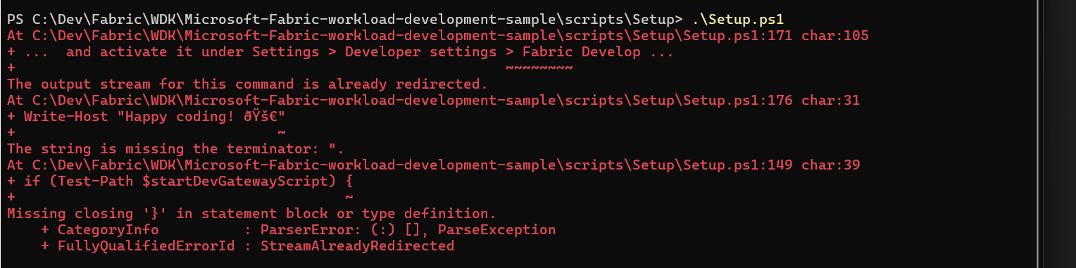 PowerShell セットアップ エラーのスクリーンショット。