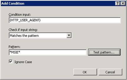 Condition入力を中かっこで囲んだH T T P アンダースコア USER アンダースコア AGENTとして、PatternをアスタリスクM I S Eアスタリスクとするスクリーンショット。