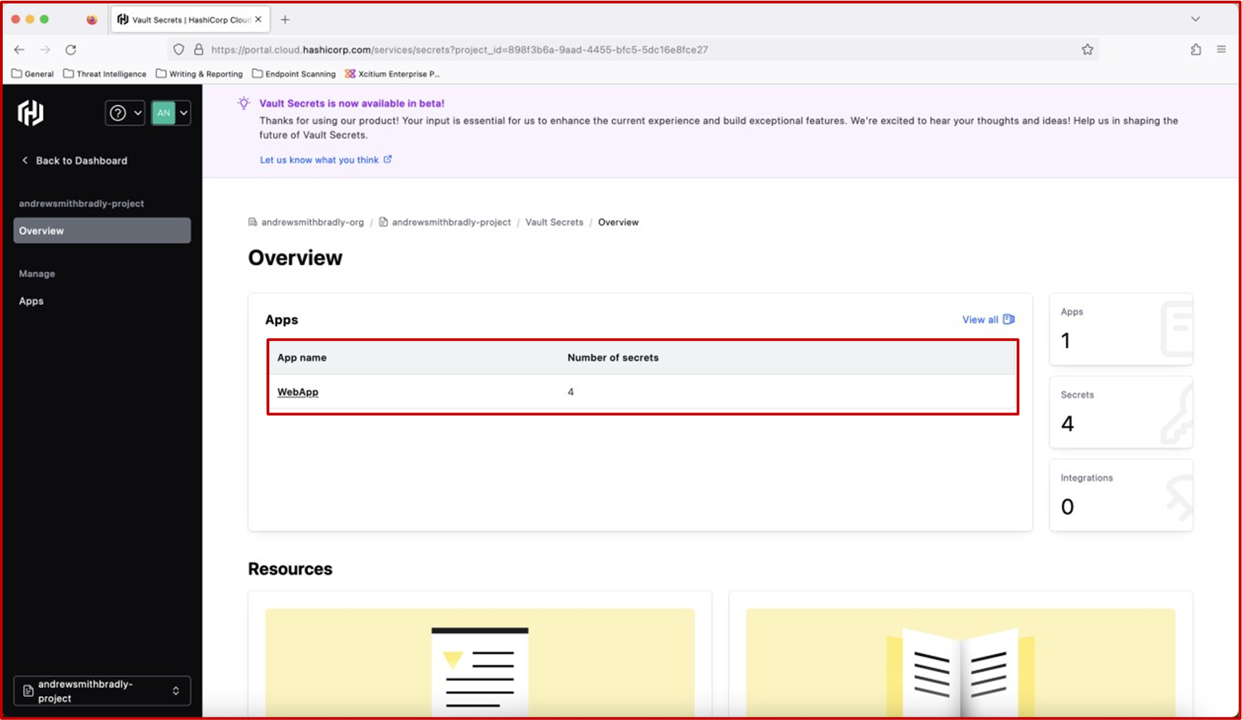 Hashicorp Vaults の概要ダッシュボード。
