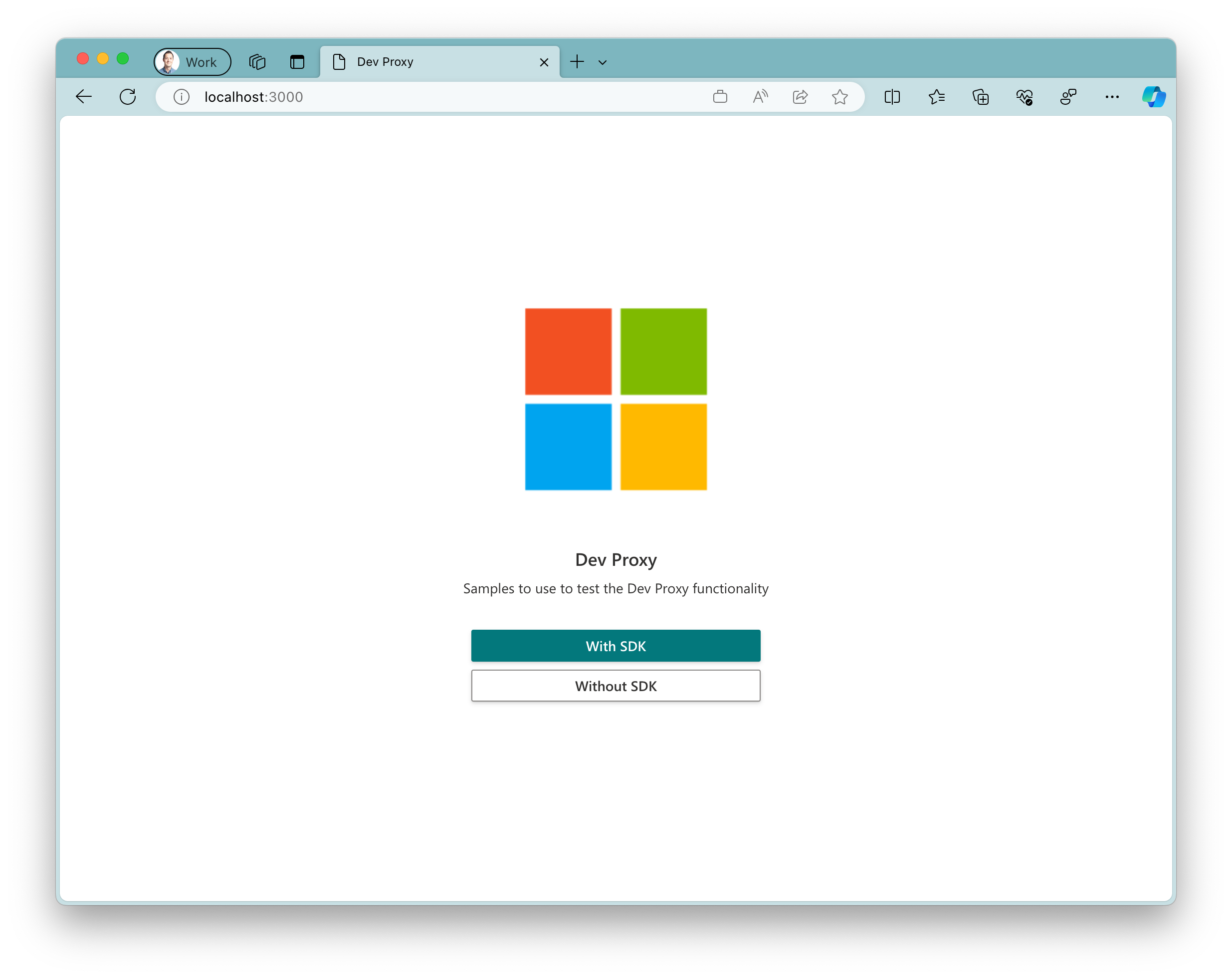 macOS 上の Microsoft Edge ブラウザーで実行されているサンプル アプリのスクリーンショット。アプリには大きな Microsoft ロゴが表示され、その下に 2 つのボタンが表示されます。