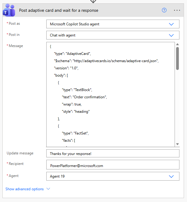アダプティブ カードを投稿し、Power Automate で応答アクションを待機します。