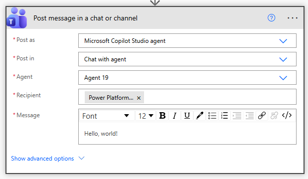 Power Automateでのメッセージ投稿アクション。
