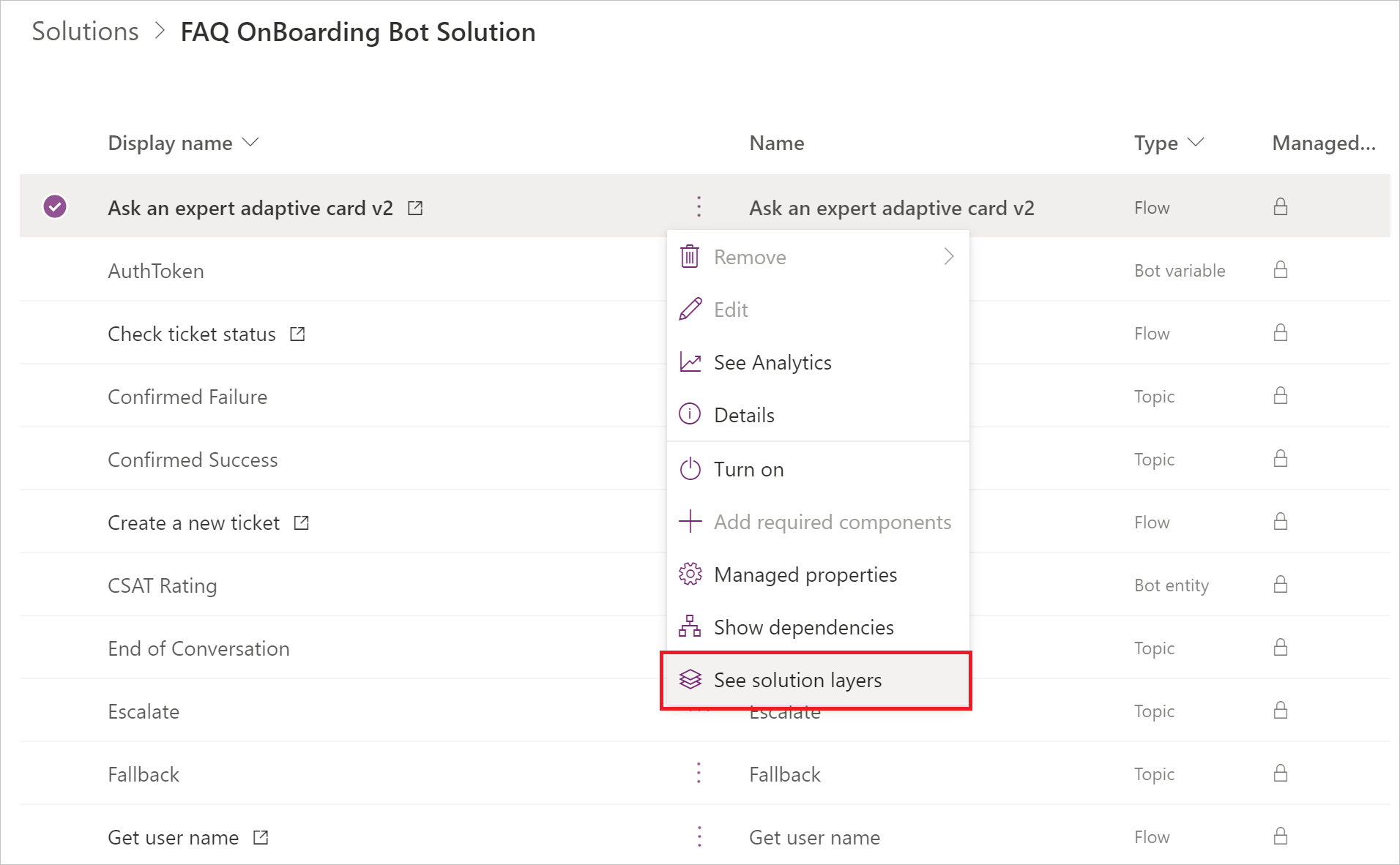 Power Apps の [コマンド] メニューにある [ソリューション レイヤーの表示] オプションのスクリーンショット