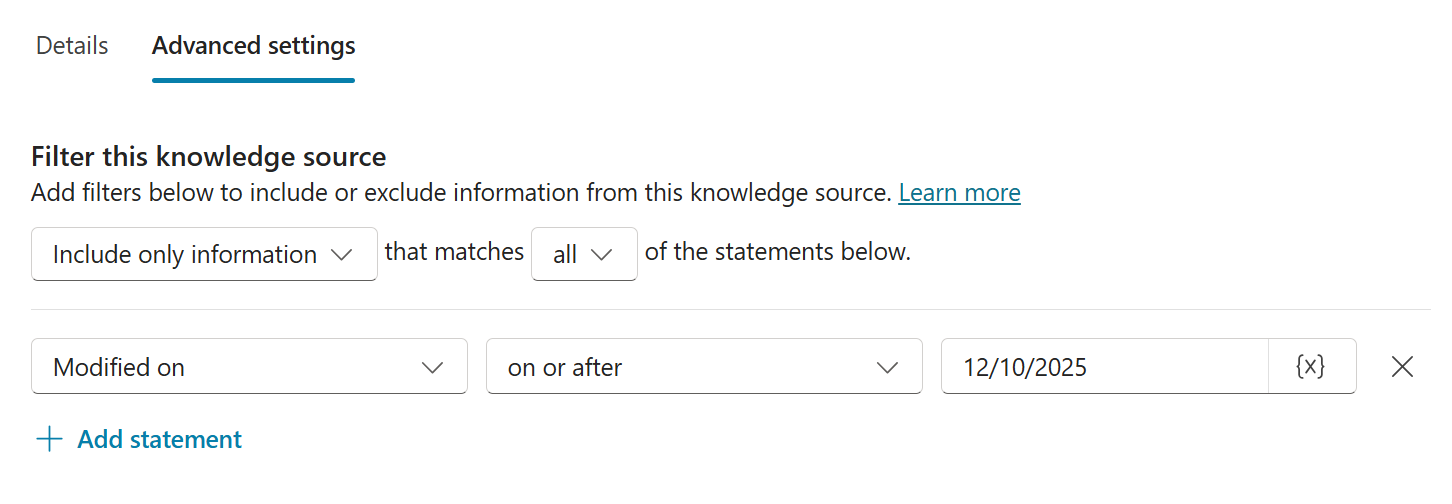 SharePointナレッジソースの詳細設定のスクリーンショット。構成されている設定の例を表示します。