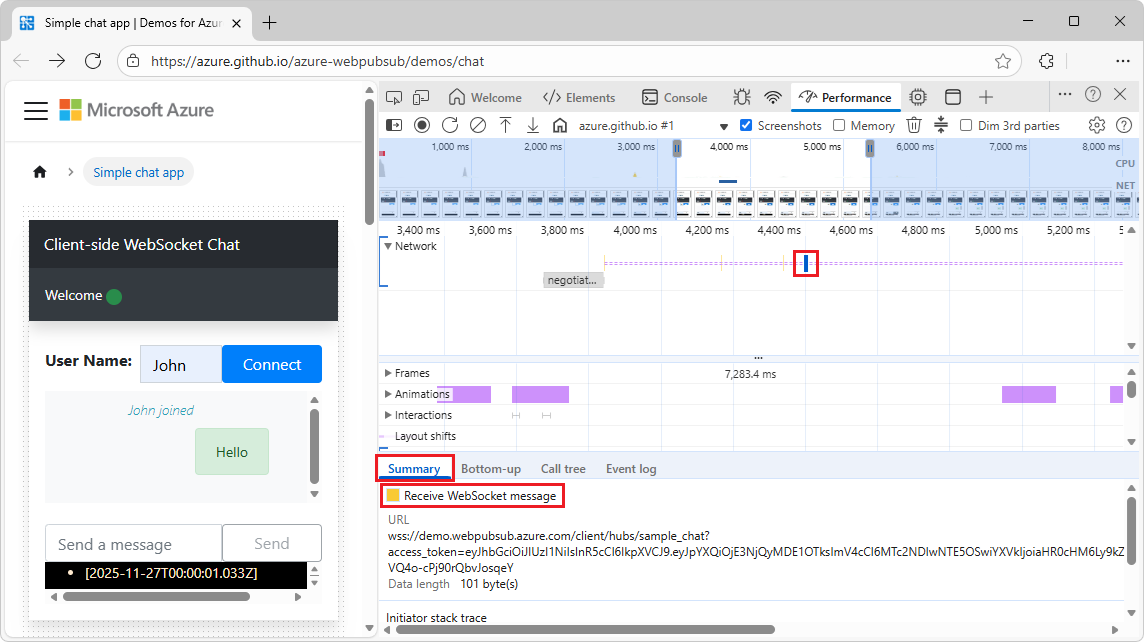 WebSocket メッセージを受信する