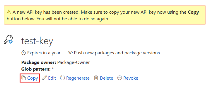 新しい API キー、キーのコピーに関するメッセージ、強調表示されている [コピー] ボタンを示す nuget.org ページのスクリーンショット。