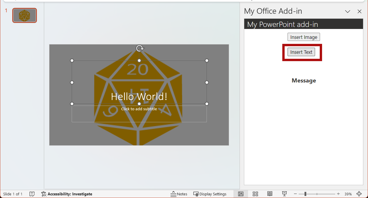 PowerPoint 上で選択されているタイトル スライドと、アドイン上で強調表示されている [テキストの挿入] ボタン。