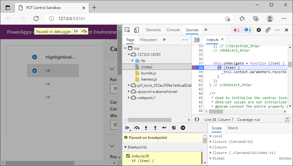 Canvas データグリッドデバッグ OnNavigate in index.ts