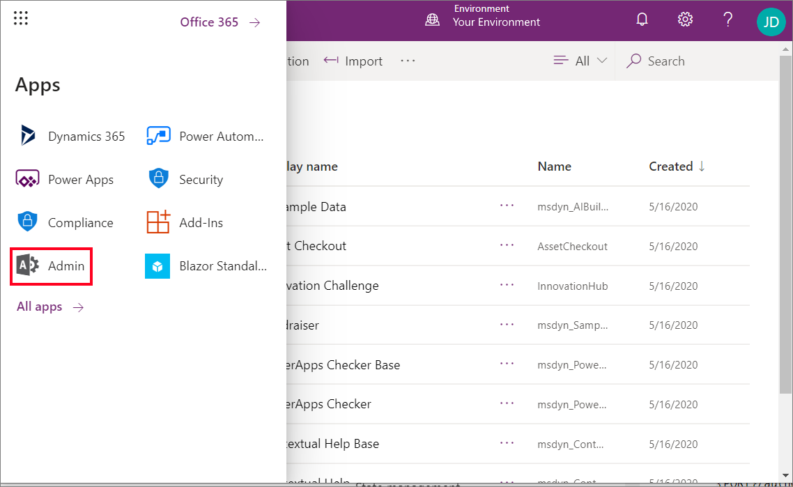 Microsoft 365 管理センターへのナビゲーション。