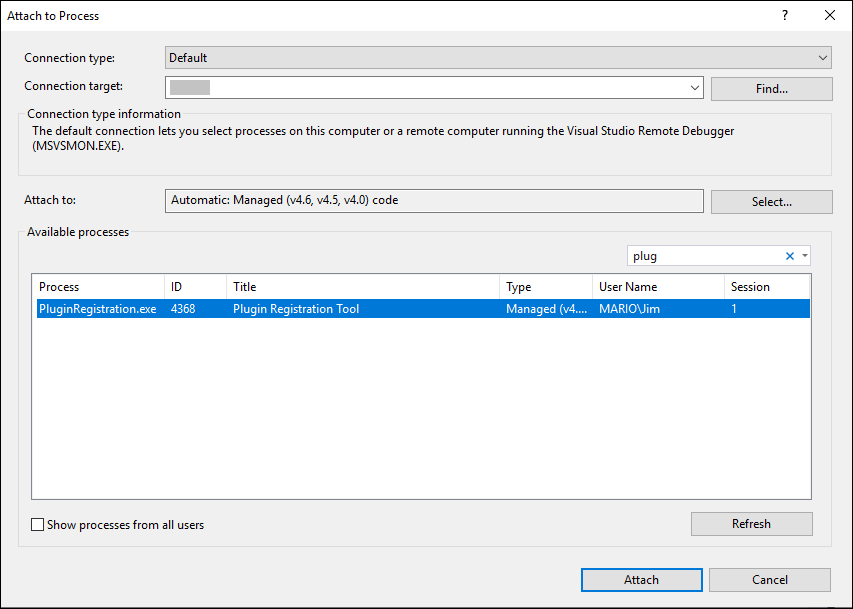 Visual Studio の [プロセスへのアタッチ] ダイアログ。