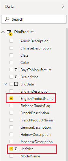 [EnglishProductName] フィールドと [ListPrice] フィールドが強調表示されている [データ] ペインのスクリーンショット。