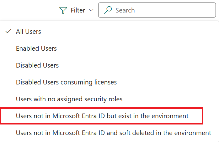 Entra のユーザーのトップ メニューからフィルターを選択します。