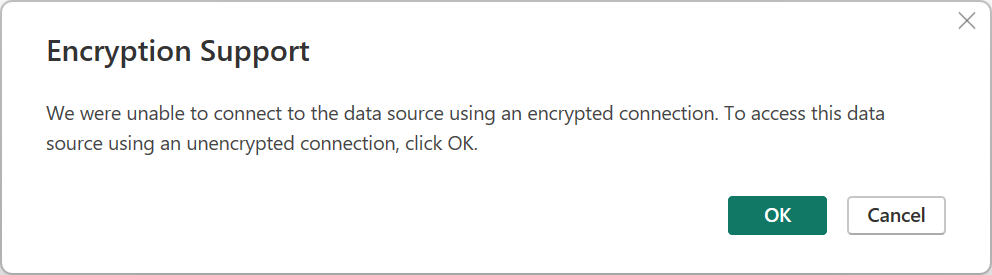 SQL Server データベース暗号化サポートの警告のスクリーンショット。