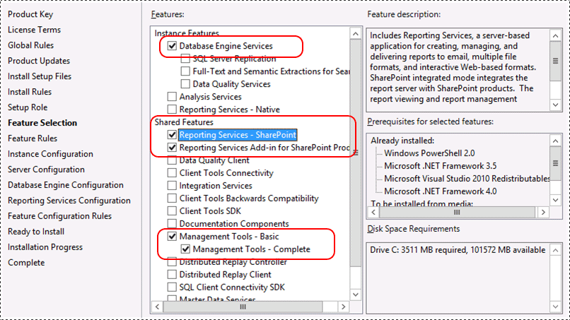 SHAREPoint モードの SSRS 機能の選択