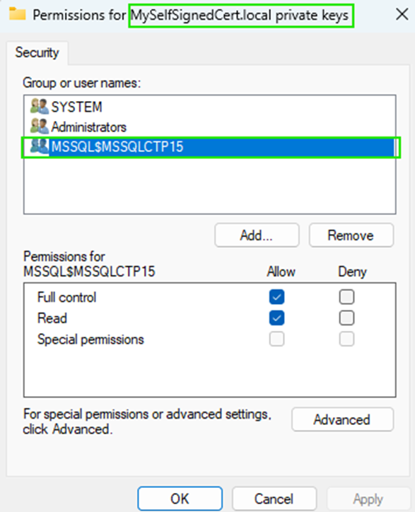 証明書の Permissions プロパティのスクリーンショット。