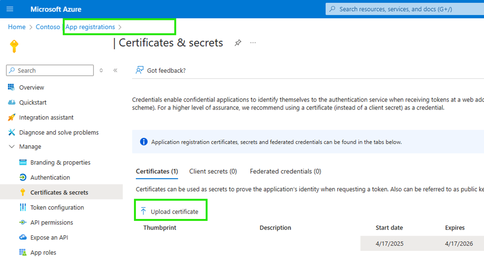 Azure portal でアプリケーションの証明書をアップロードするスクリーンショット。