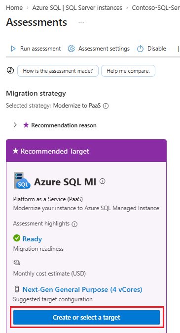 Azure ポータルの [評価] ウィンドウを示すスクリーンショット。[ターゲットの作成] が強調表示されています。