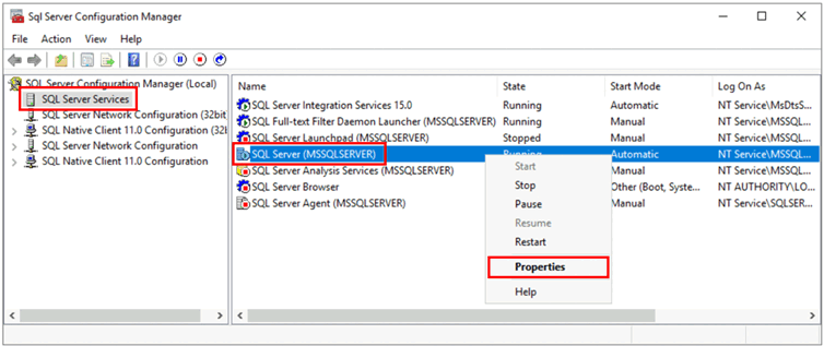 SQL Server Configuration Managerを示すスクリーンショットで、サービスのプロパティを開く選択が表示されています。
