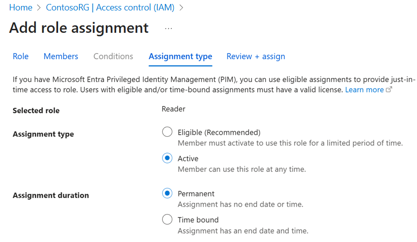 Azure portal の [割り当ての種類] タブで [割り当ての種類] を [アクティブ] に設定し、[割り当て期間] を [永続的] に設定したスクリーンショット。
