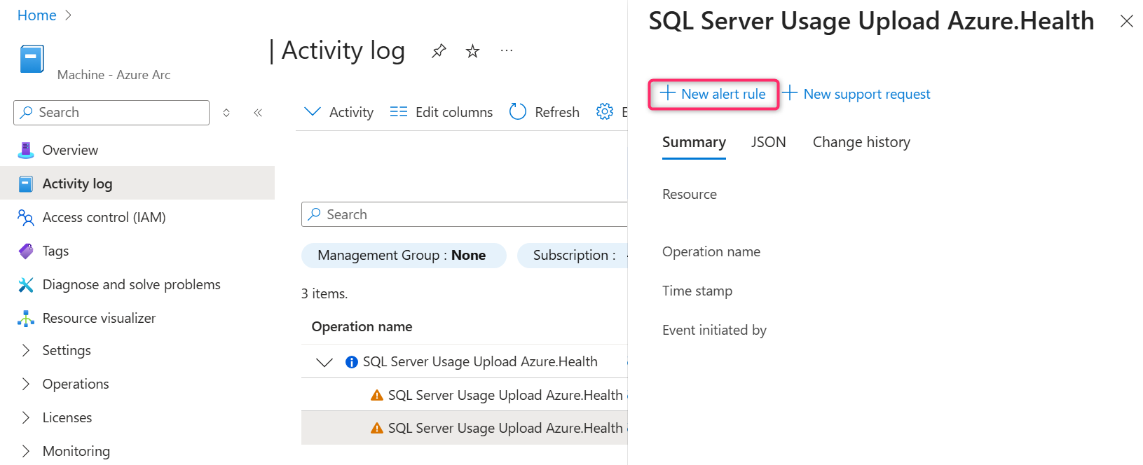 Azure portal のスクリーンショット。ログ エントリを選択します。