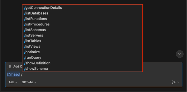 GitHub Copilot チャットの MSSQL 拡張機能からのスラッシュ コマンド オプションの 2 番目のセットのスクリーンショット。